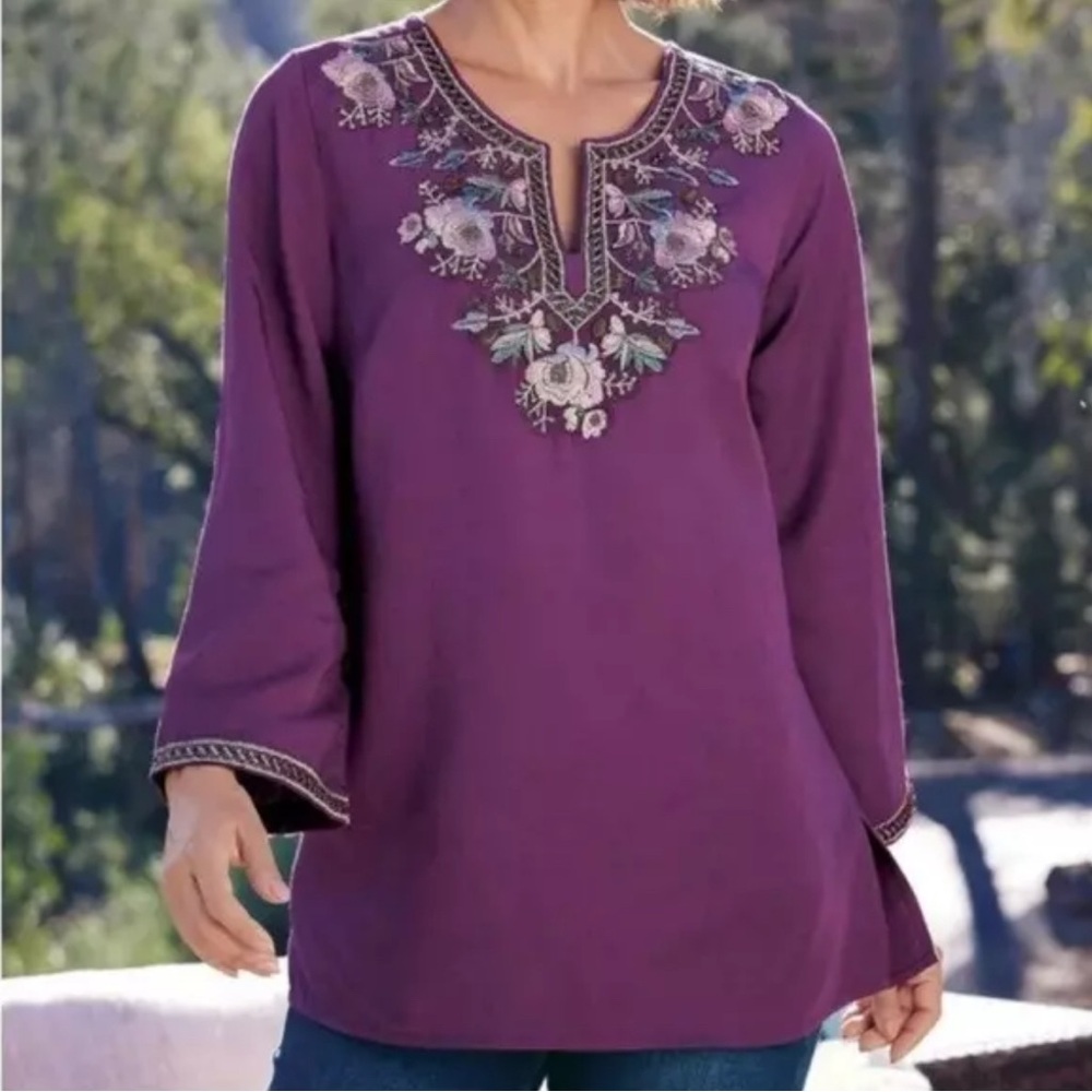 NWOT Soft Surroundings Purple Floral 3/4 Sleeve Caftan Tunic, sz XS